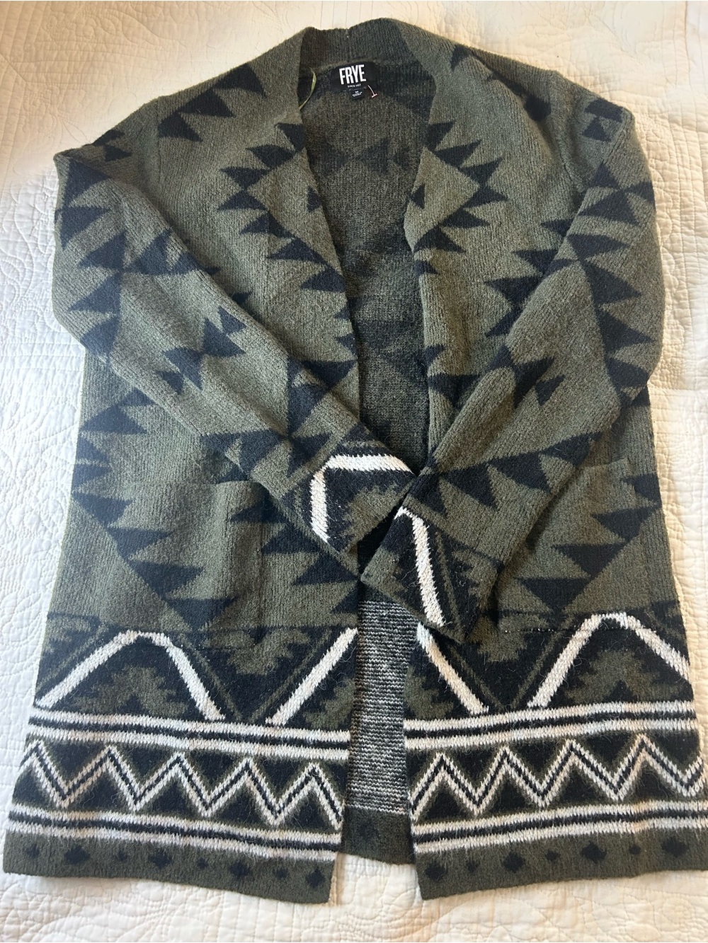 Frye Olive & Black Geometric Open Cardigan Sweater